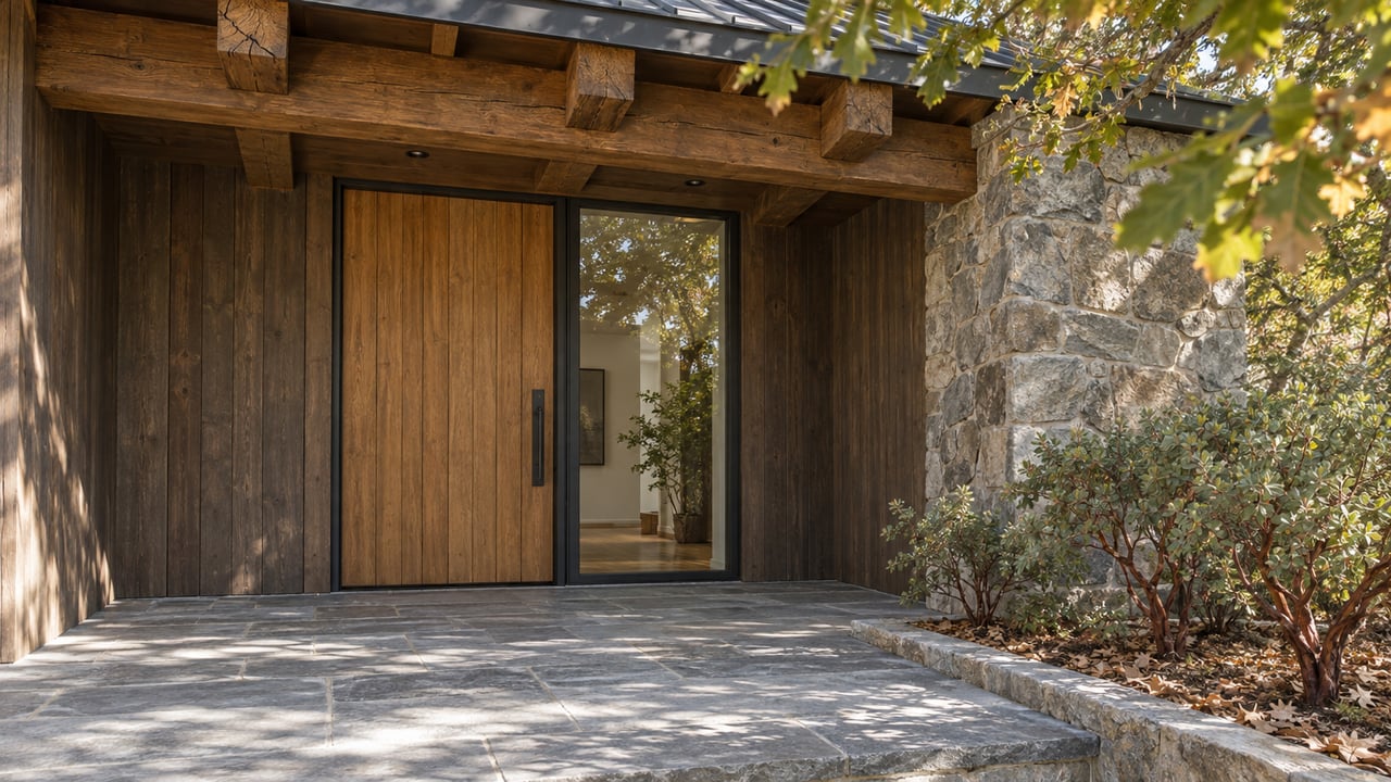 Timber-covered entry with an oak door, tall glazed sidelight, natural stone pier and slate approach beside oak and manzanita planting.