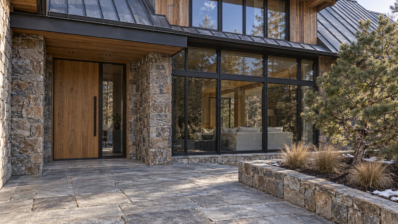 Timber and stone lodge entrance beside enclosed black-framed glazing, a quartzite approach and a raised bed with an aged pine.