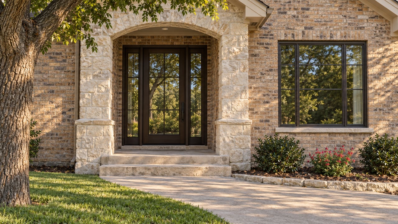 Brick home entry with an arched limestone porch, glazed door, flanking sidelights, and a black-framed window.