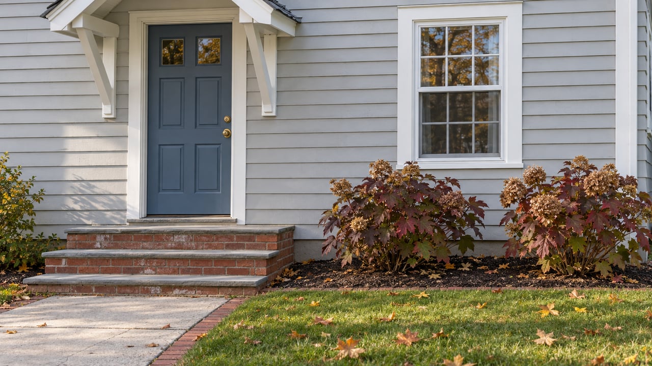 Gray clapboard home entrance with a blue door, brick and bluestone steps, and burgundy oakleaf hydrangeas beside a white-trimmed window.