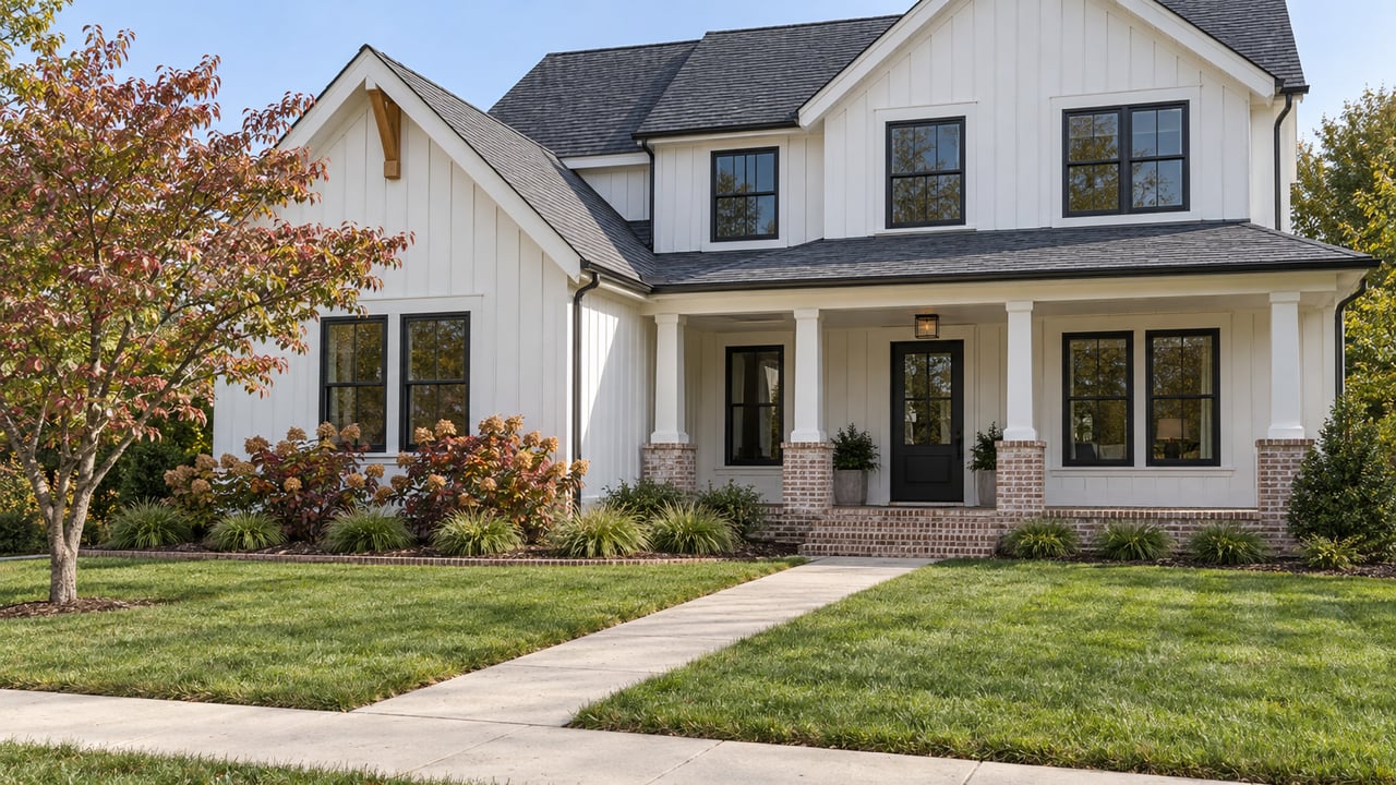 White gabled home with a brick-based covered porch, black windows and a deep lawn bordered by early autumn planting.