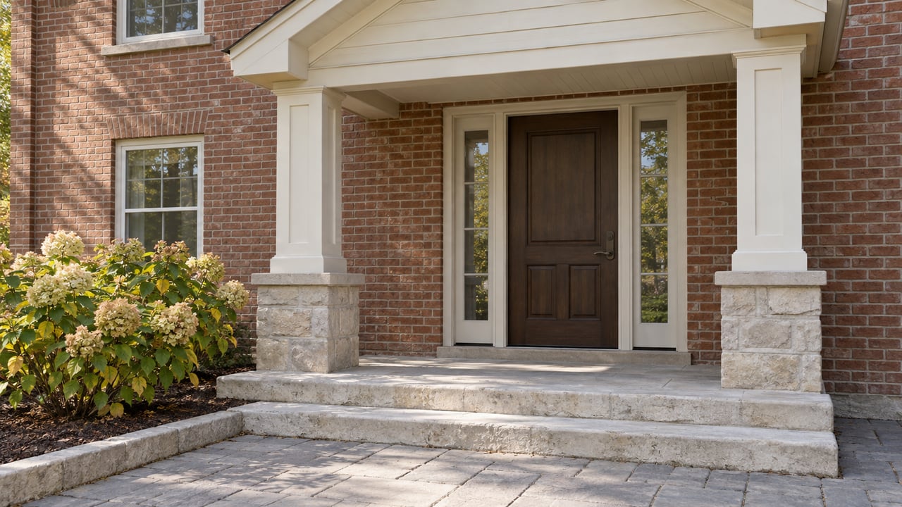 A sheltered brick home's oak front door, paired white columns and worn limestone steps beside two flowering hydrangeas.