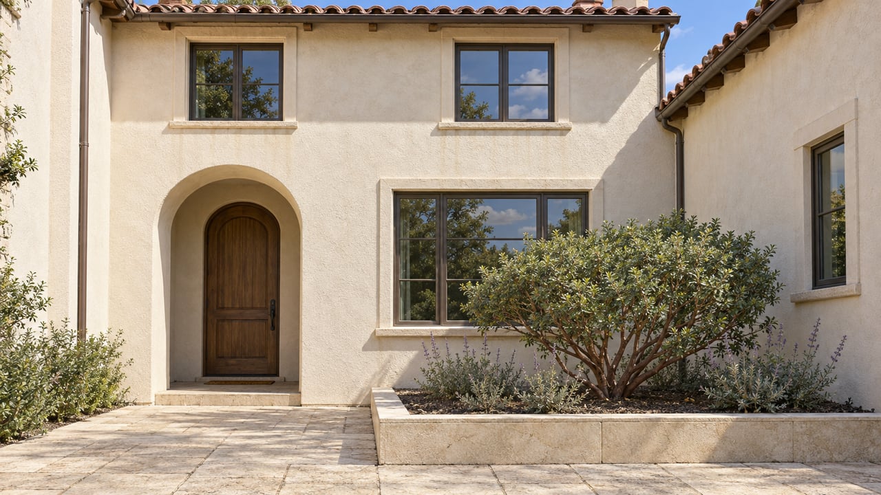 Two-story ivory stucco attached home with a clay-tile roof, bronze-framed windows, arched oak entry, and a stone forecourt planted with manzanita and sage.