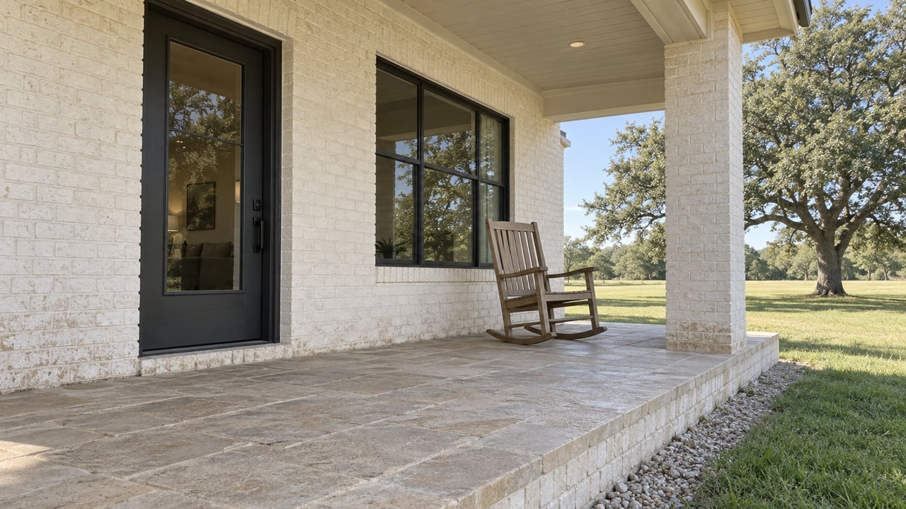 Low-angle view of a white painted-brick home's covered porch, with a teak rocking chair, stone paving and a mature live oak beyond the lawn.