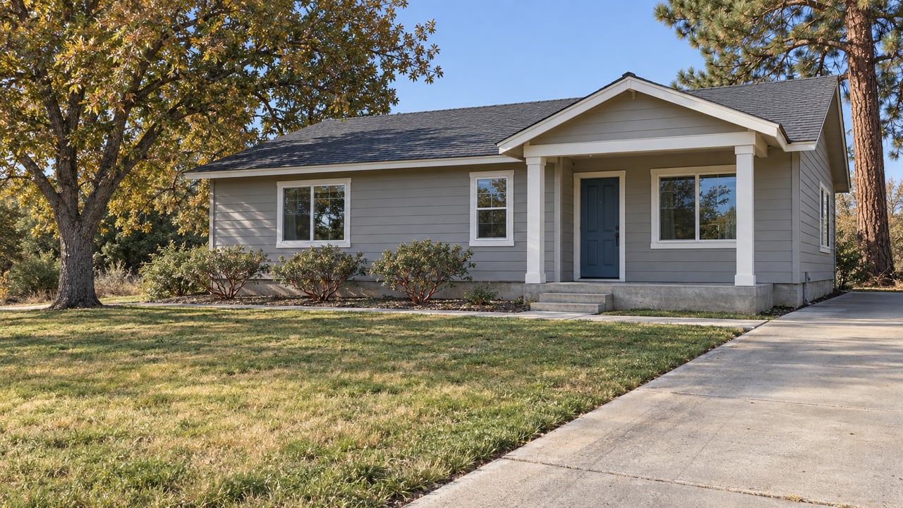 A single-story gray home with a blue entry door, deep front lawn and concrete driveway beneath a mature oak and pine.