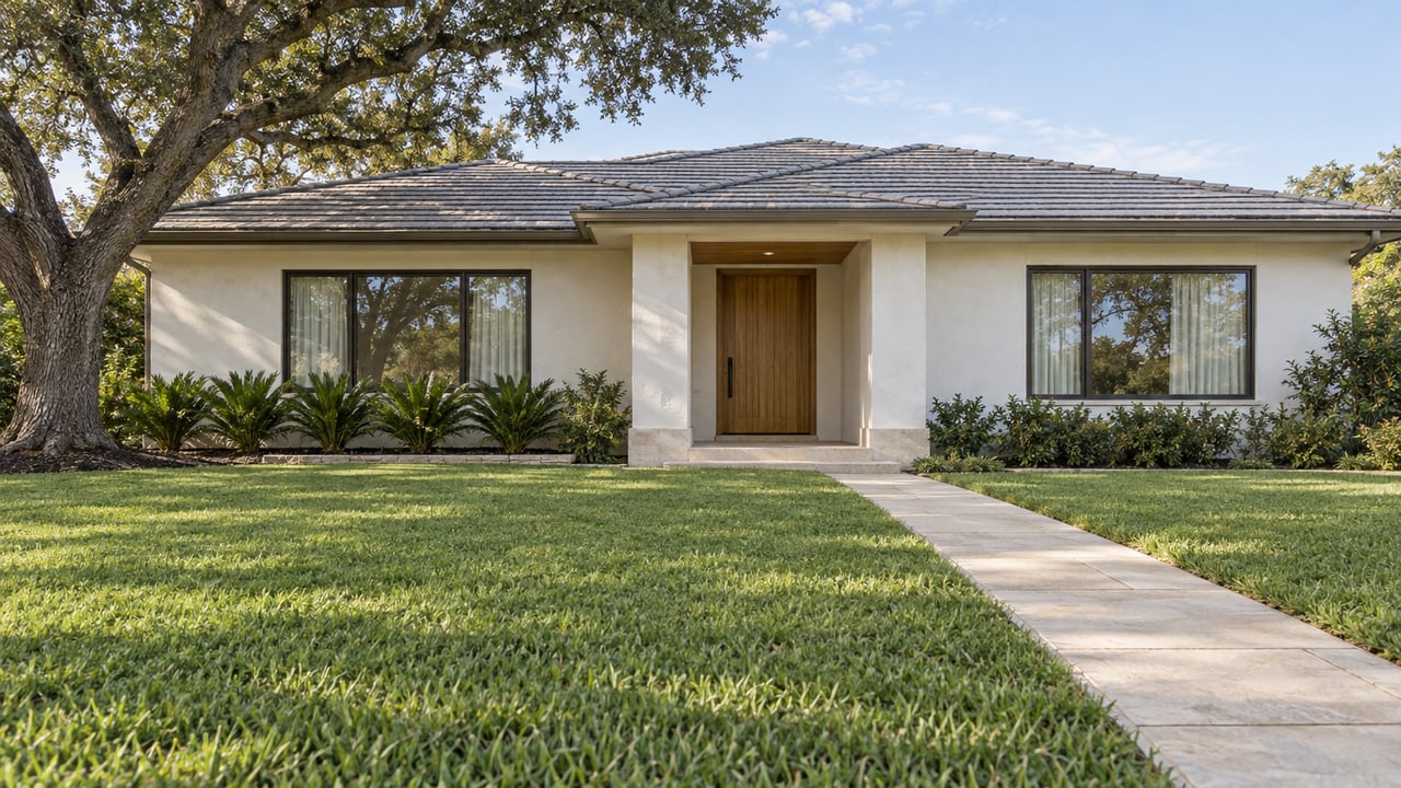 A white stucco home with a low tiled roof, bronze-framed windows and a limestone approach across a deep lawn beneath a spreading live oak.