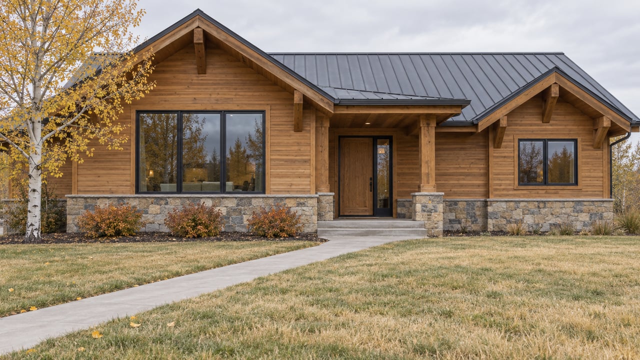 Warm cedar and natural stone home with broad dark metal gables, a generous autumn lawn and a yellow-leaved quaking aspen in soft daylight.