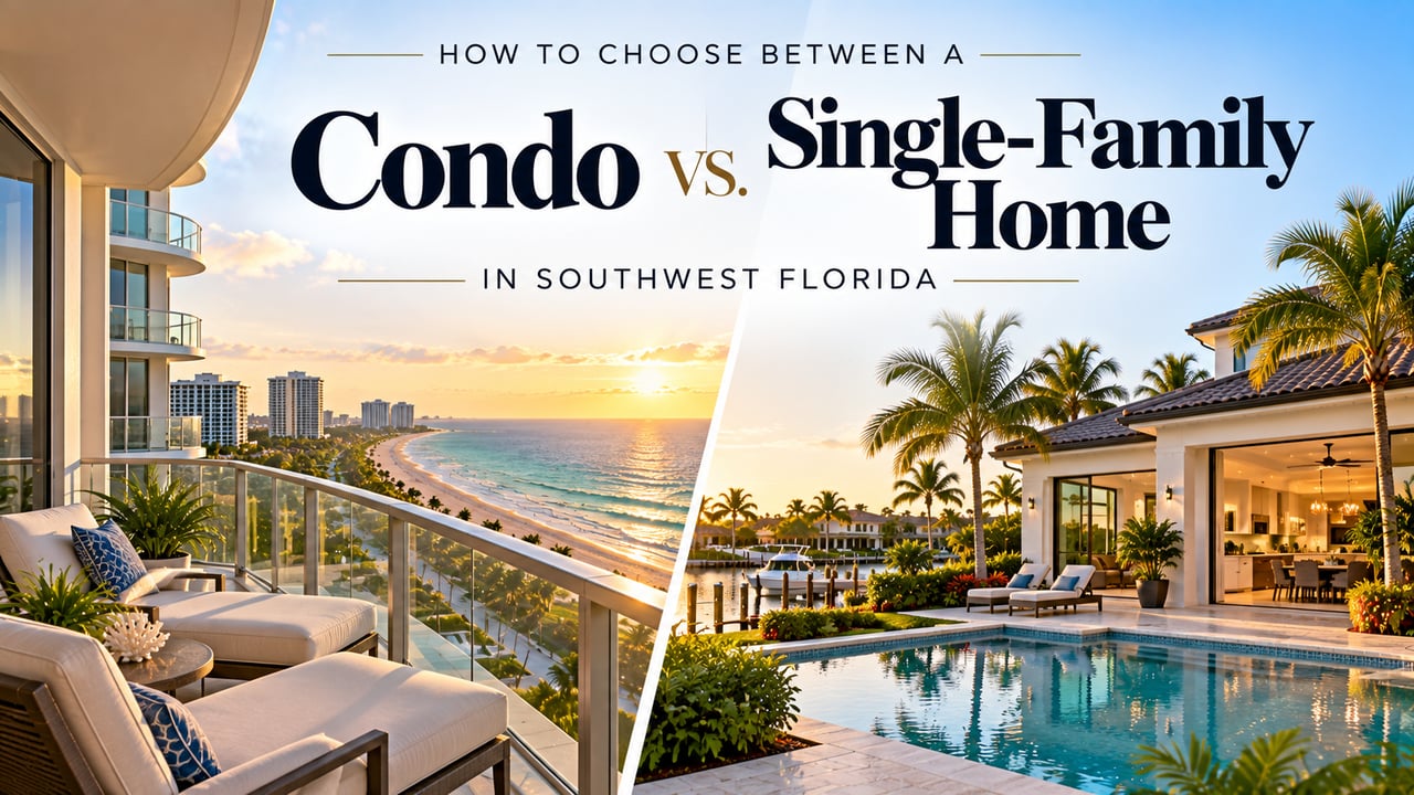Southwest Florida condo and single-family home comparison featuring a Gulf-view luxury condominium and a private waterfront pool home, illustrating lifestyle, maintenance, amenities, privacy, and ownership considerations for SWFL home buyers.