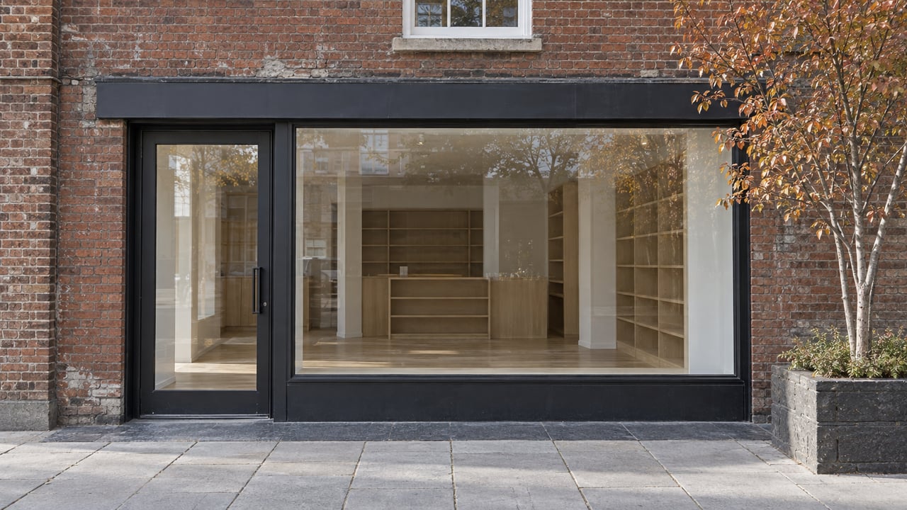 A brick storefront with a black-framed glass door, broad window, and copper-leaved tree in a raised planter.