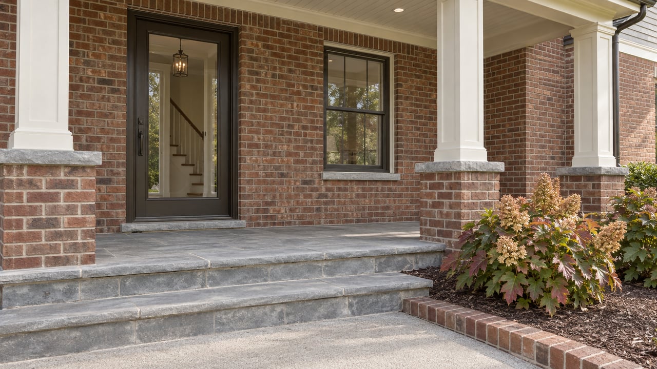 Covered brick home entry with ivory columns, bluestone steps and oakleaf hydrangeas.