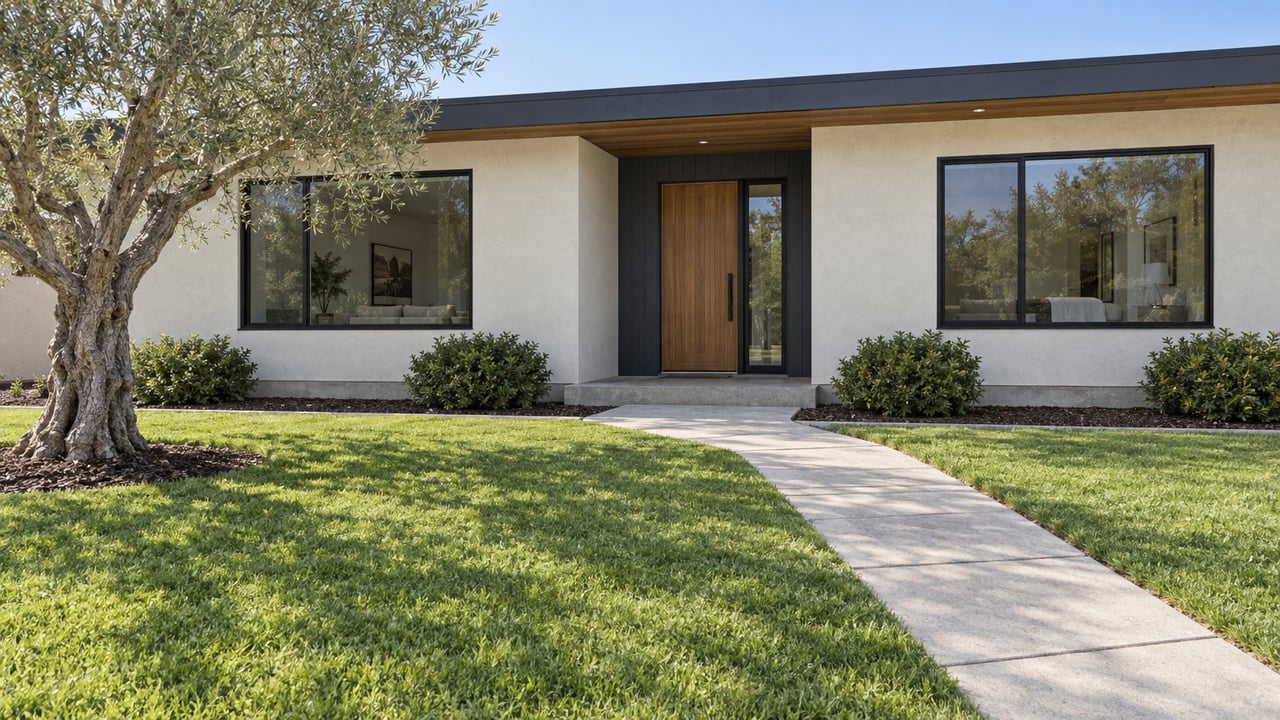 A low-roofed stucco home with black-framed windows, a recessed wood entrance, broad front lawn and one sculptural olive tree.