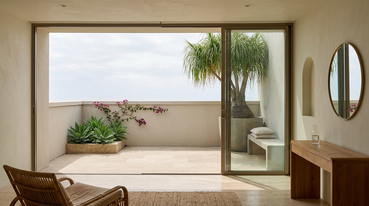 Living room opens onto a stone terrace with a potted tree, agaves, and sparse magenta bougainvillea.