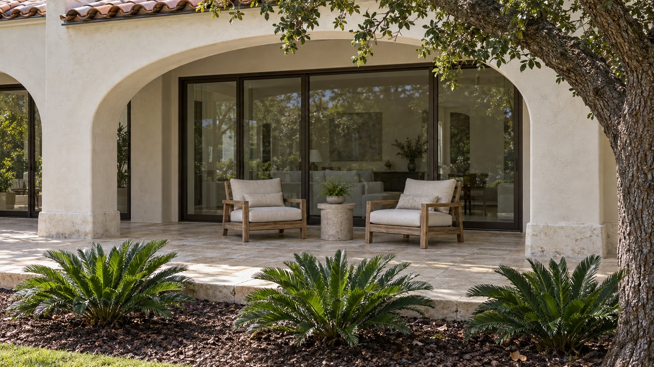 An arched stucco loggia with limestone paving, teak chairs and mature planting beside a raised stone terrace.