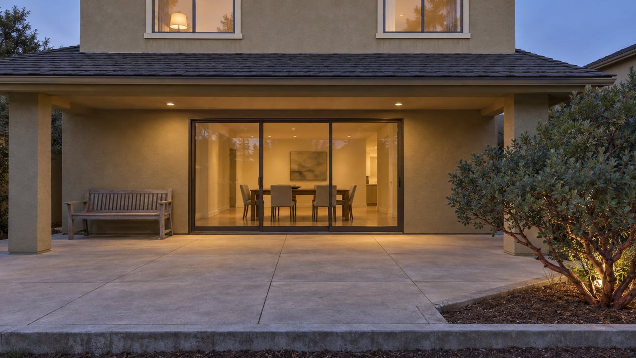 Warmly lit dining room behind closed glass doors opening onto a concrete terrace beneath a tan stucco home's covered patio.