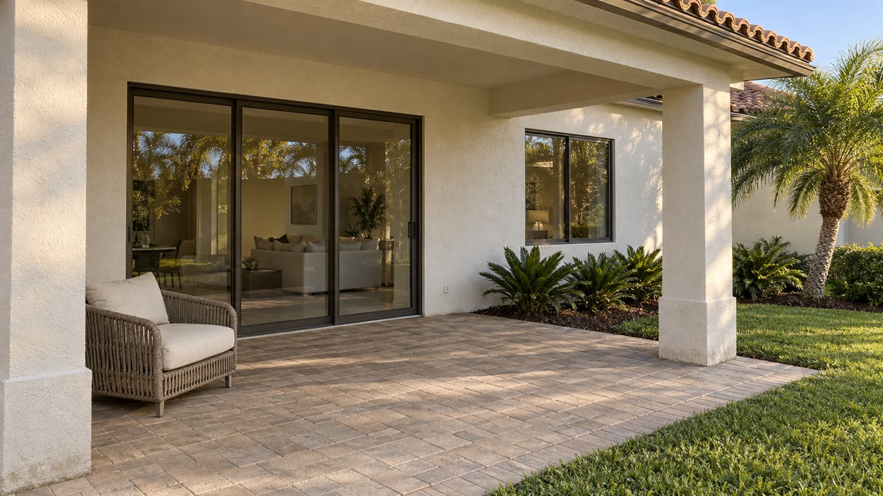 Sunlit covered terrace with sandy pavers, ivory stucco, bronze-framed glass doors and a woven lounge chair beside a planted lawn.