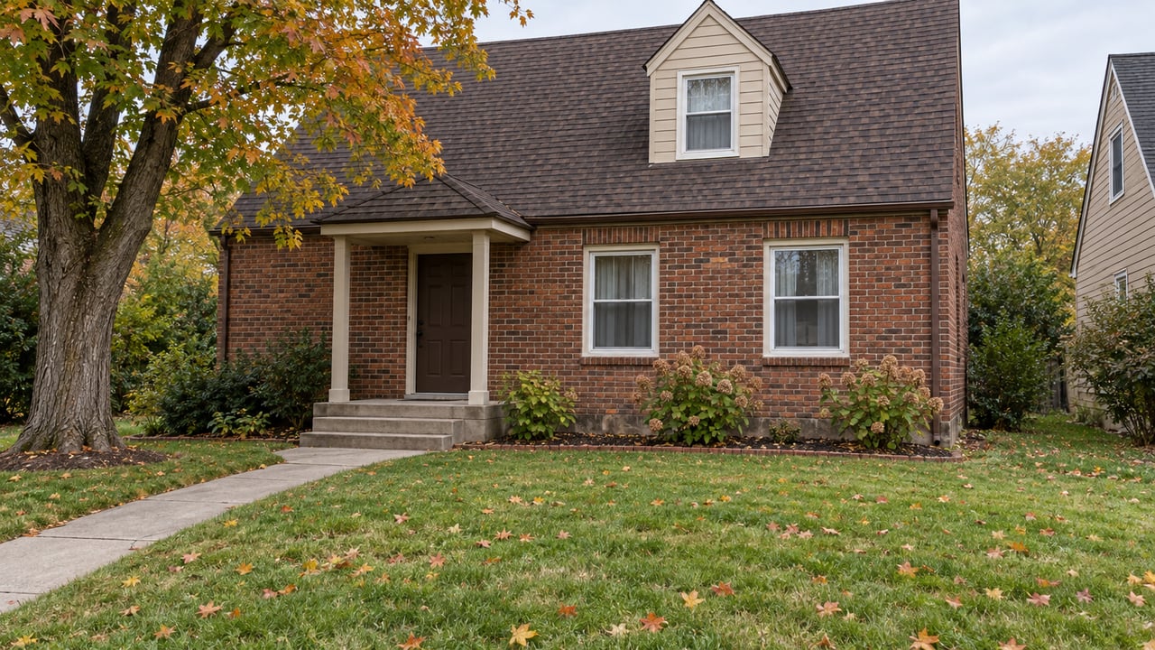 A modest red-brown brick house behind a broad autumn lawn, with a concrete approach, white-trimmed windows and a mature maple.