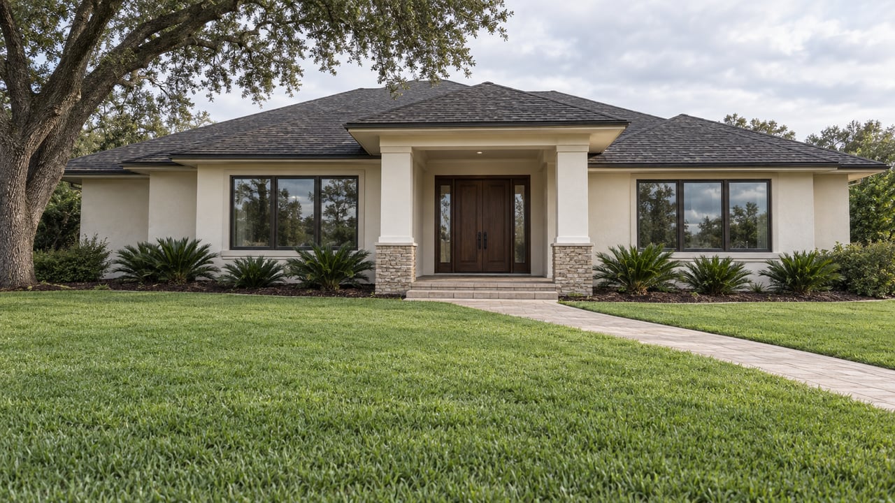 Ivory stucco home with a charcoal hip roof, sheltered double-door entry, broad lawn and a spreading live oak.