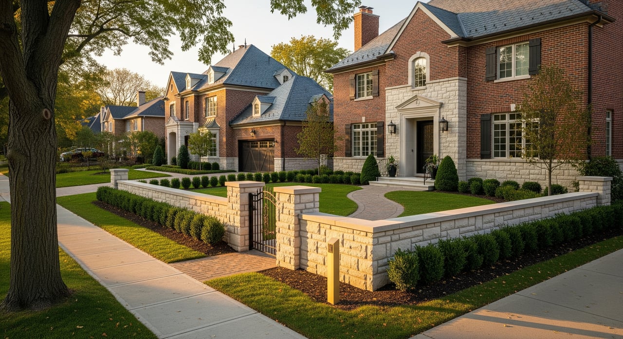 Red-brick and stone suburban homes behind low stone walls, clipped hedges, and curved front walks.