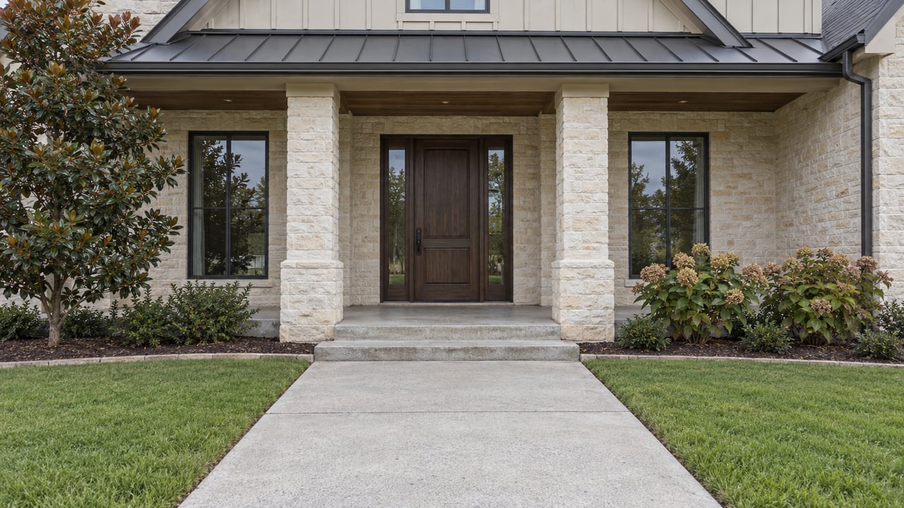 Covered entry of a light-stone gabled home with dark-framed windows, a concrete approach, and carefully edged planting beds.