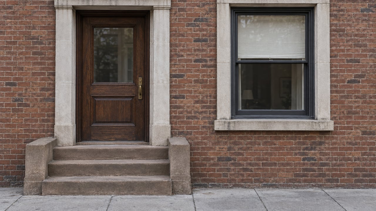 Brick building entrance with a dark wooden door, stone steps, and a large framed window.