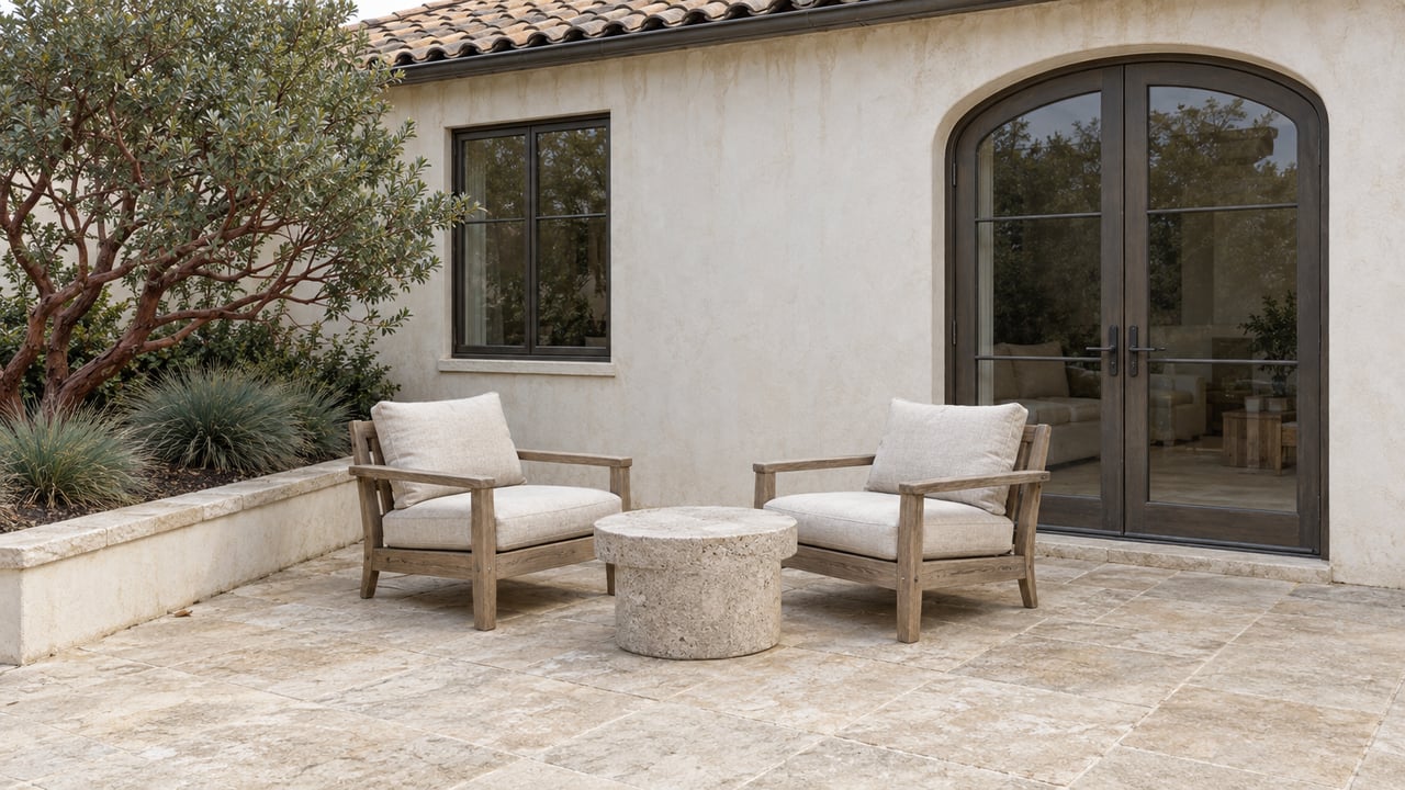 Pale stucco home with a glazed arched entry, weathered limestone terrace, teak chairs and a raised manzanita bed.