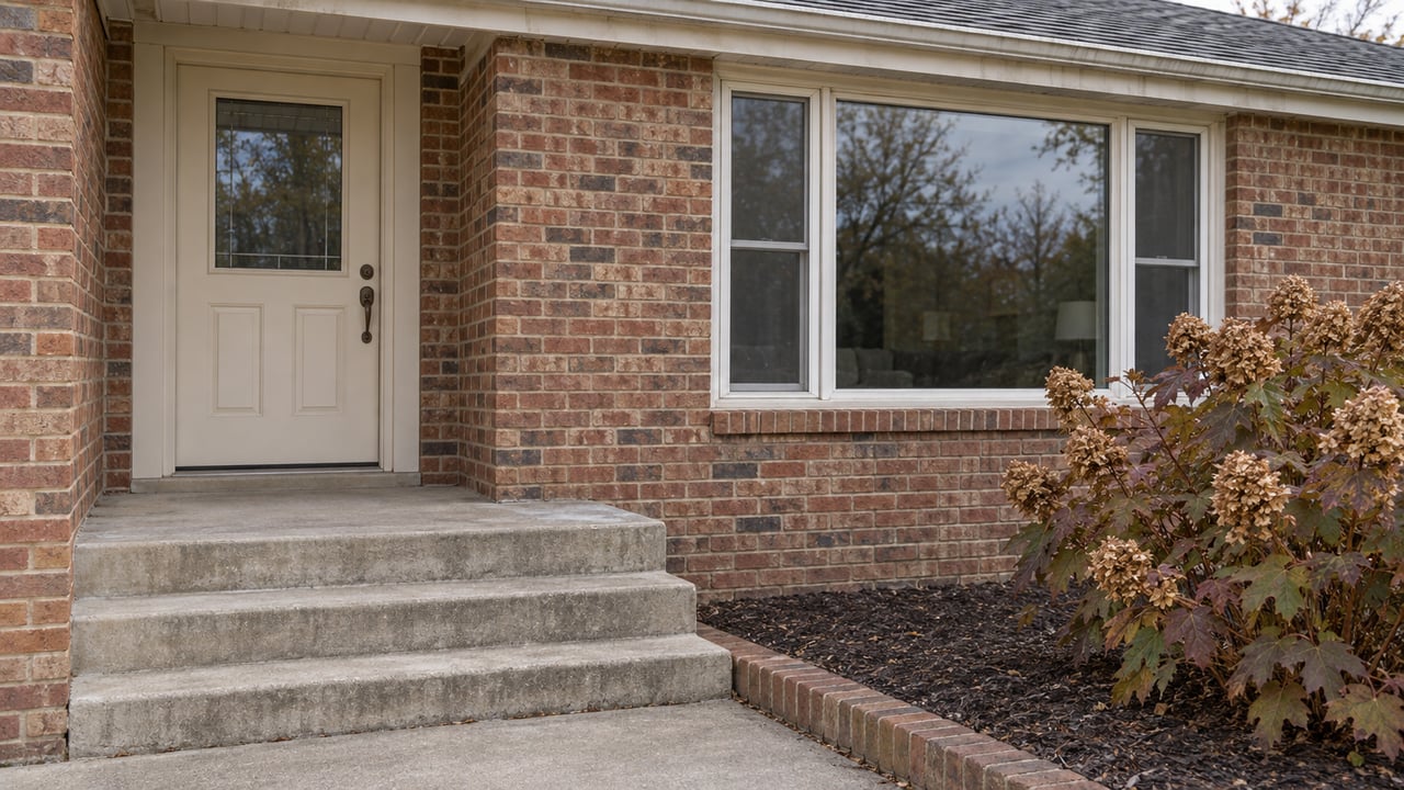 Weathered brick ranch entrance with concrete steps, an off-white picture window, and an oakleaf hydrangea beside the walk.