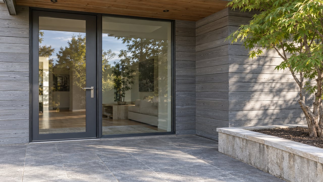 Close view of a gray cedar home's glazed entry, stone terrace, and Japanese maple in a raised stone bed.