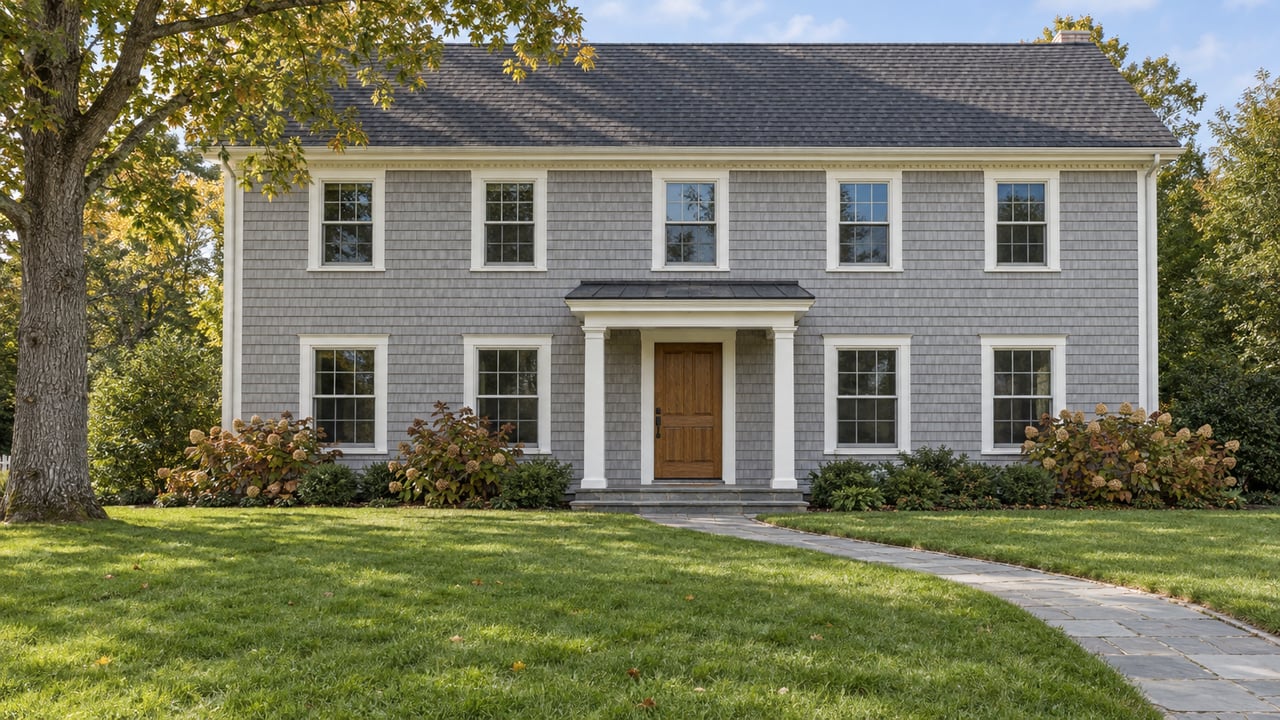 Silver-gray shingle house with an oak front door, bluestone approach, deep lawn, and mature white oak in autumn afternoon light.