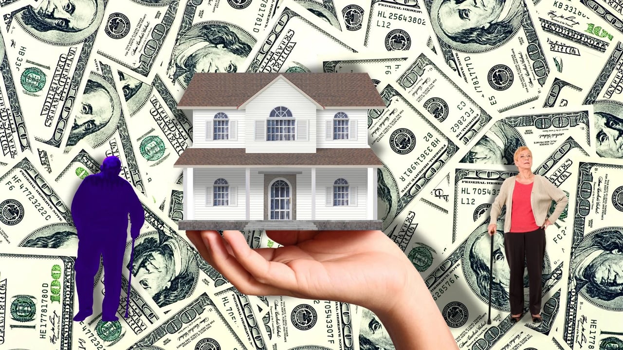 A conceptual image showing a house resting in a hand against a background of U.S. dollar bills, with two older adults standing nearby to represent long-term mortgage financing, housing affordability and generational homeownership challenges.