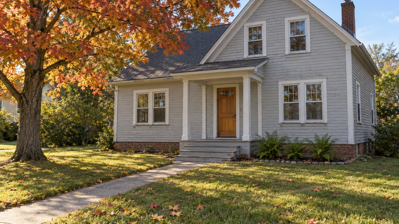 Gray clapboard home with a covered wood entry porch, deep autumn lawn and a mature orange-red sugar maple.