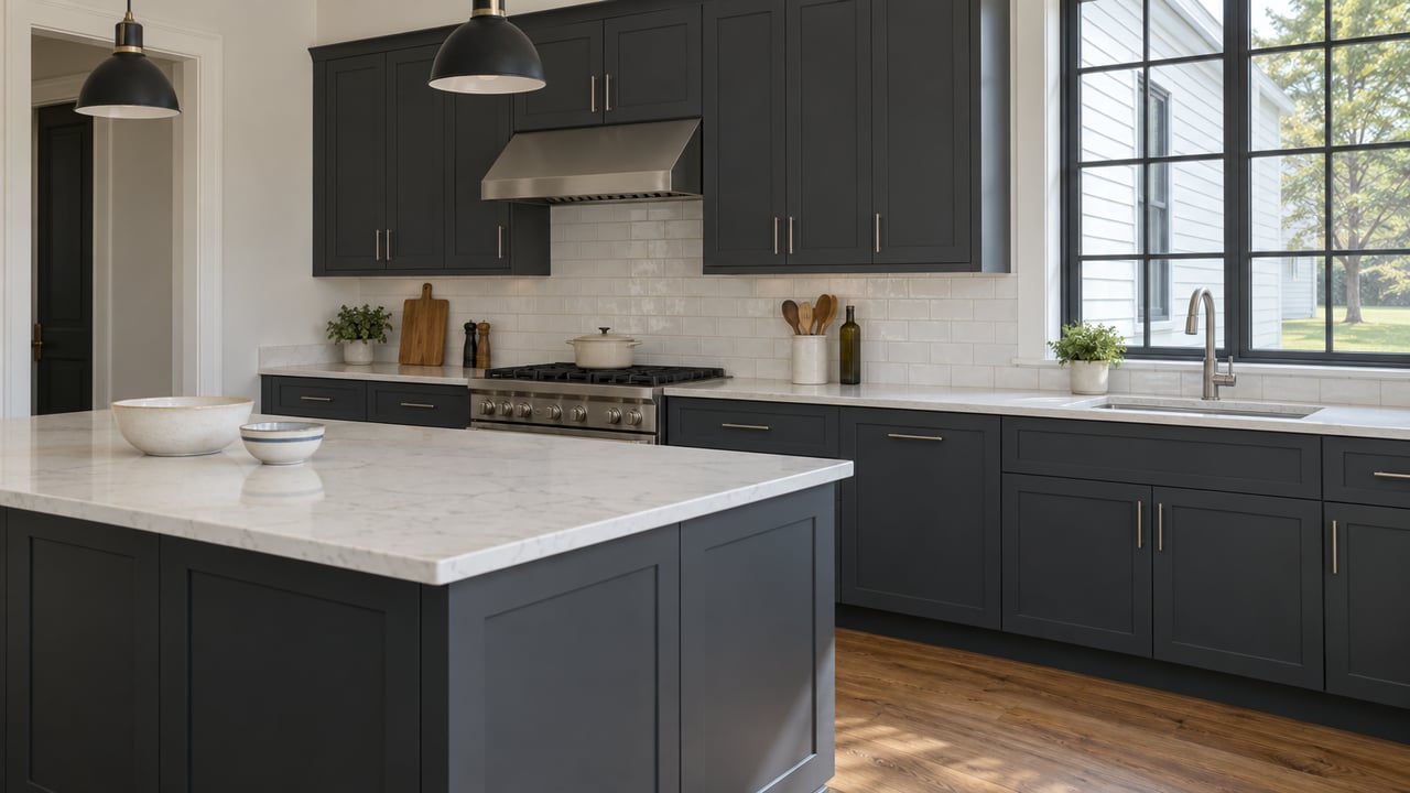 Renovated kitchen with charcoal shaker cabinets, a white quartz island, and a dark-muntin window.