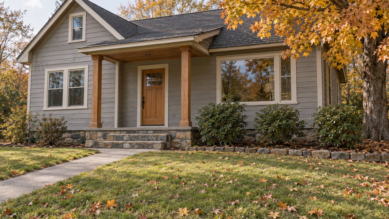 Timber-sided home with a covered porch, stone steps and autumn maple beside a broad front lawn.
