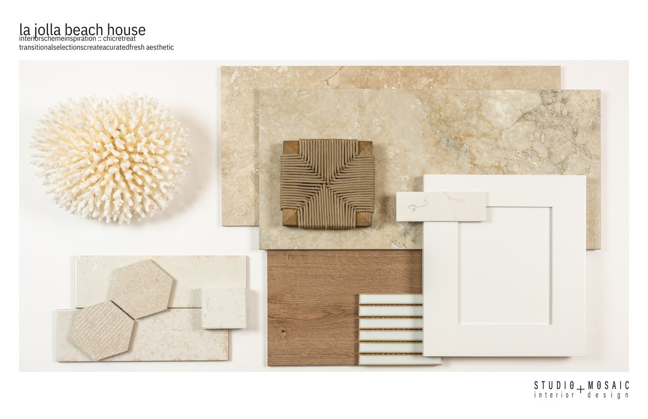 La Jolla Beach House interior design mood board with stone, wood, tile, and cream finish samples.