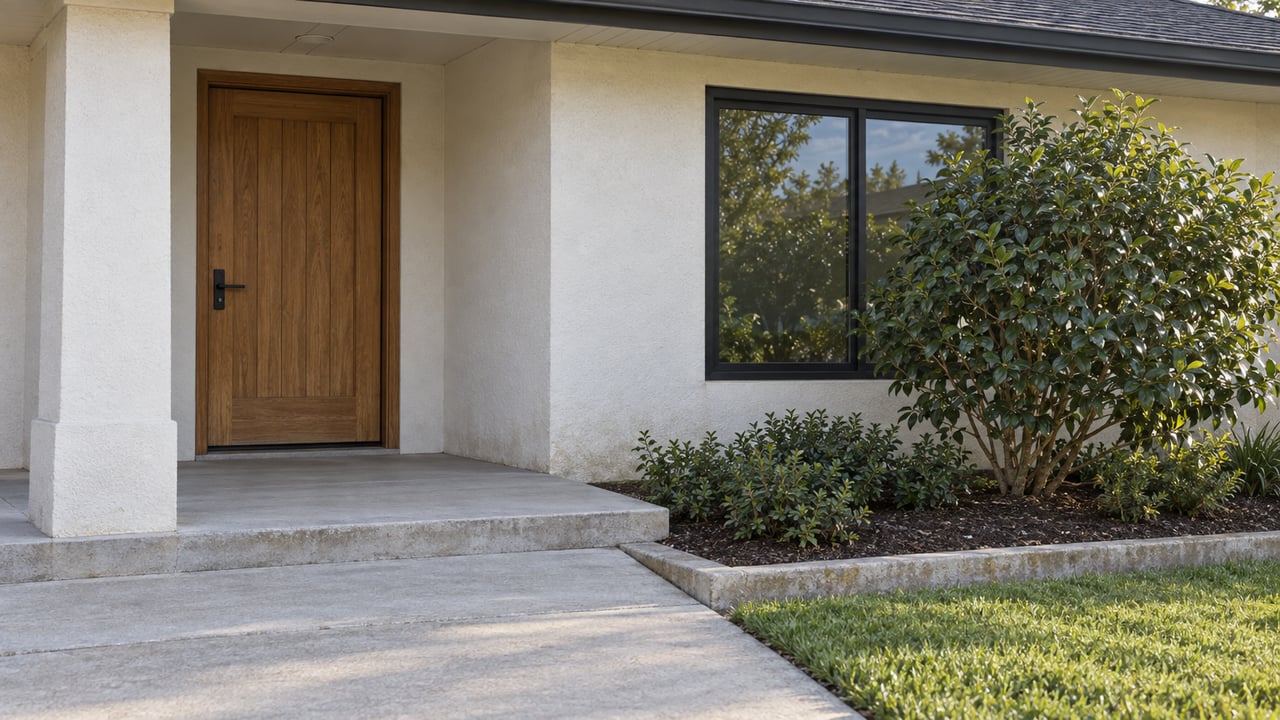 Warm-white stucco ranch entry with an oak door, black-framed window, raised concrete porch and a camellia beside the lawn.