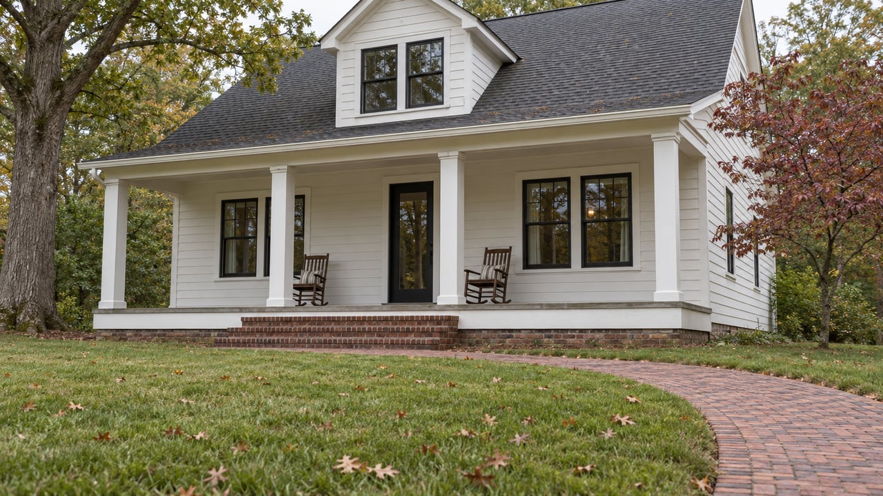 White two-story house with a covered porch, rocking chairs, and a curved brick walkway.