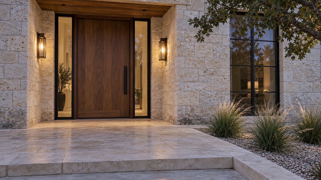 Warm bronze sconces illuminate a walnut front door and pale limestone entry beside a tall black-framed window and ornamental grasses.