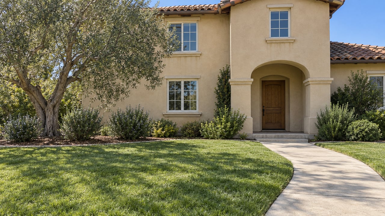 Two-story buff stucco home with a terracotta tile roof, recessed arched entry, deep green front lawn and a mature olive tree in crisp daylight.
