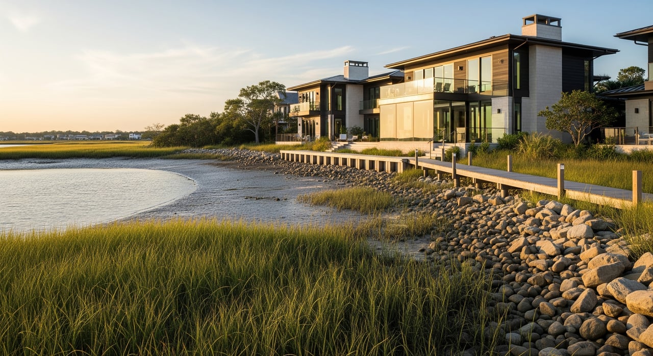 Modern waterfront homes beside a marsh, with a rocky shoreline and wooden walkway.