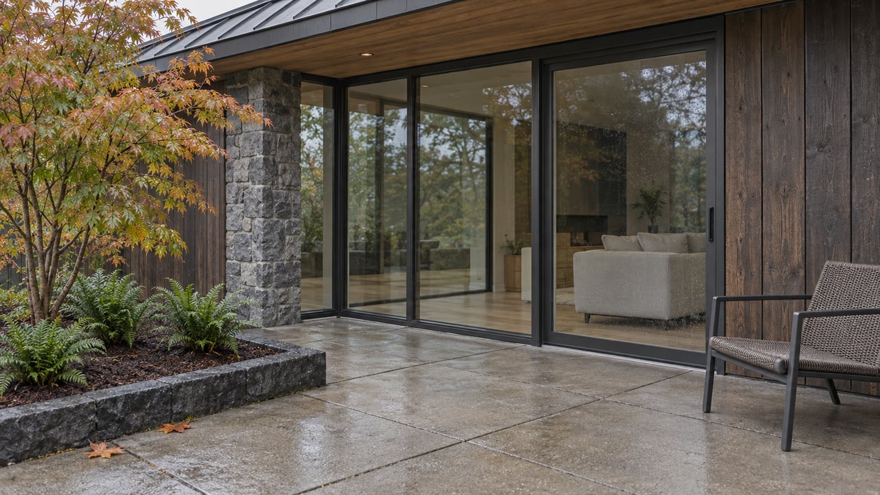 Contemporary home's covered terrace with dark cedar siding, basalt stone, corner glazing, and an autumn vine maple beside concrete paving.