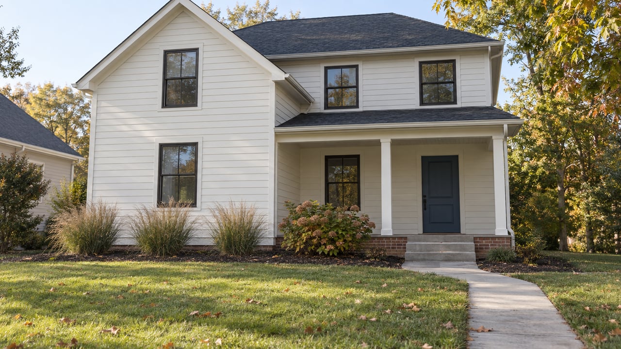 Two-story off-white house with a blue front door, covered porch, autumn lawn, and curved concrete walk.