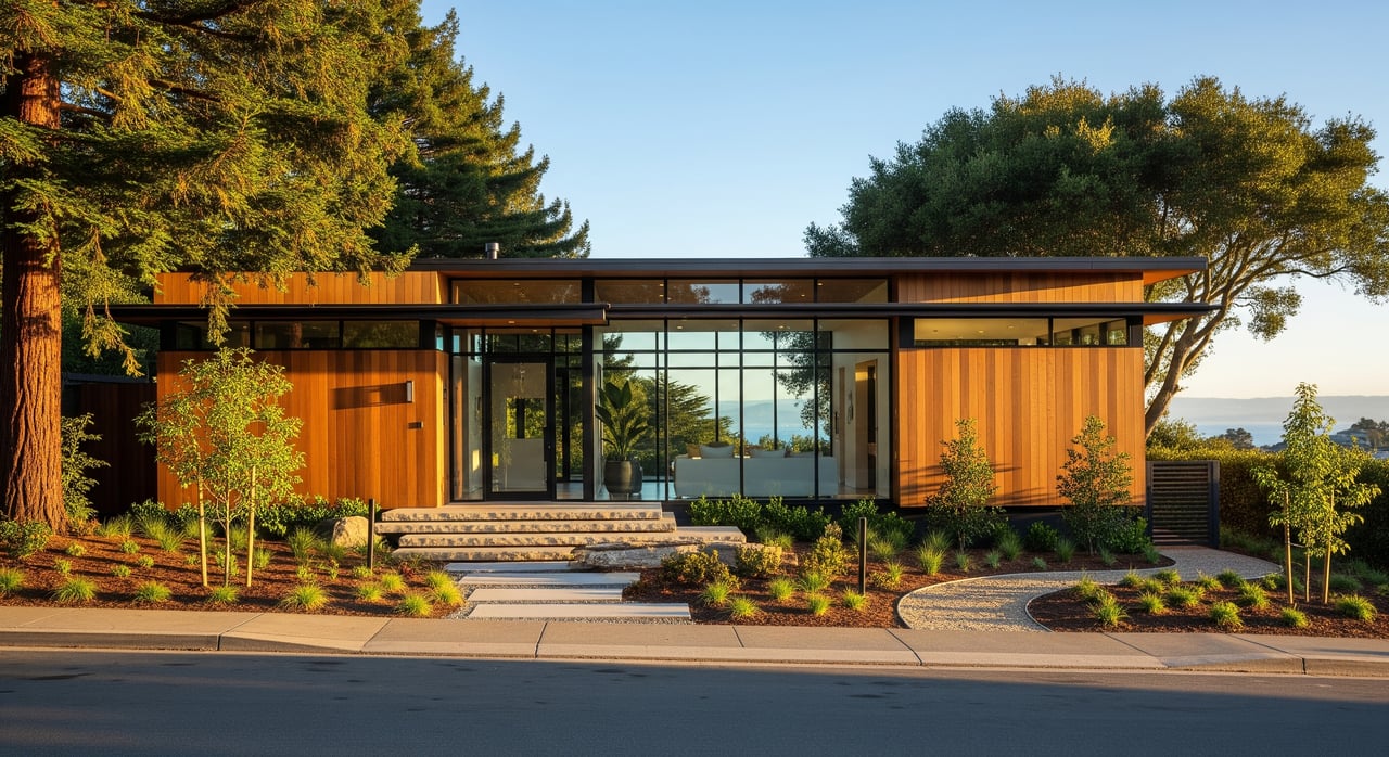 Modern wood-and-glass house with a flat roof, landscaped garden, and trees framing its lakeside view.
