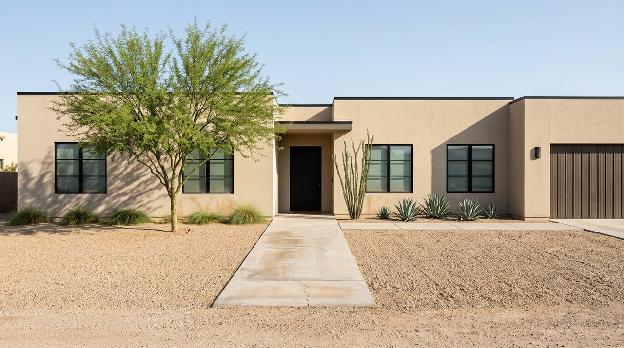 Sand-toned desert-modern home with black-framed windows, gravel yard, palo brea tree, agaves, and concrete walkway.