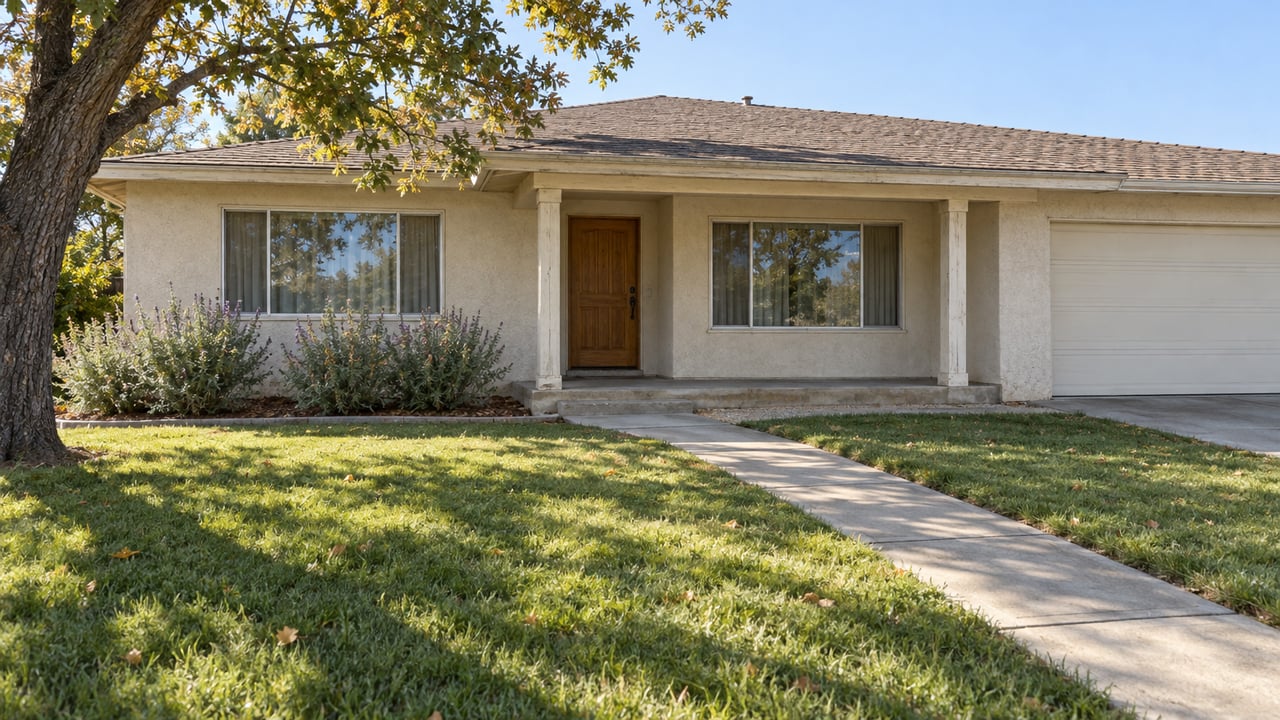 Morning sunlight on a single-story stucco home with a shaded timber porch, broad front lawn and mature oak.