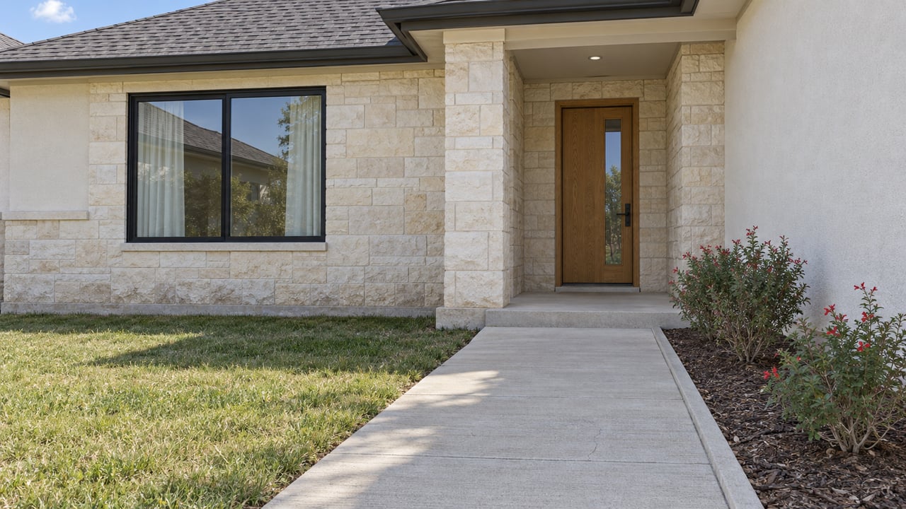 Pale limestone and white stucco home with a recessed oak front door, black-framed window, concrete approach, and small flowering shrubs.