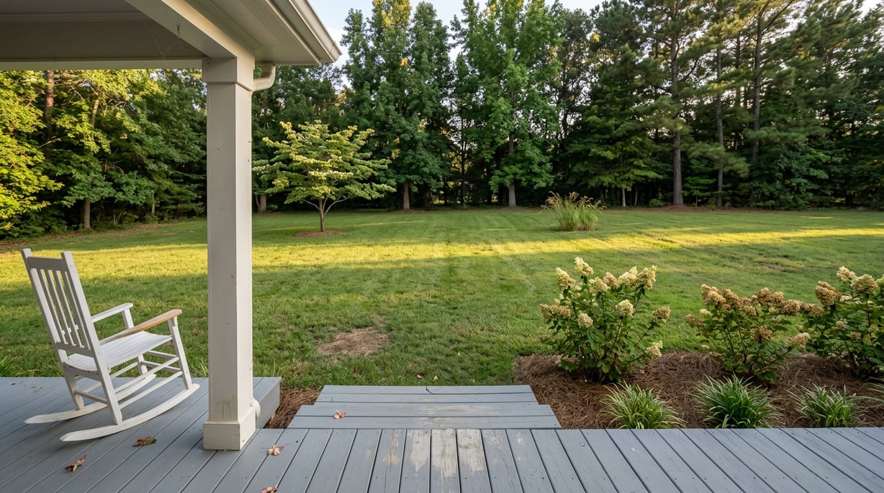 White rocking chair on a covered porch overlooking a deep lawn, flowering shrubs, and a tree-lined horizon.
