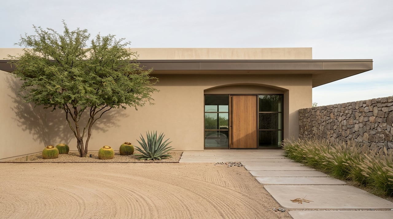 Modern desert home with an arched entry, bronze-framed glass doors, and a gravel motor court lined with cacti.