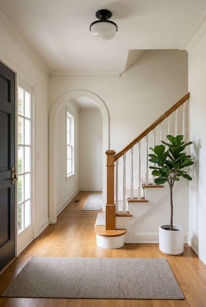 Oak staircase in a historic entry hall with detailed plasterwork, trim, and updated hardware.
