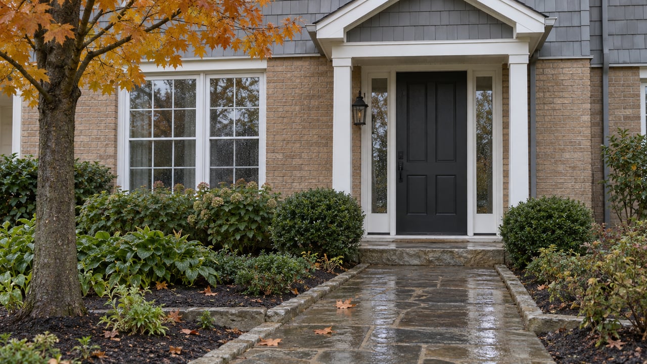Wet limestone walk leads to a tan-brick townhome entrance beneath a shallow gabled portico.