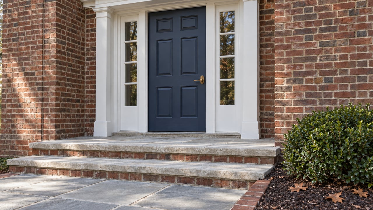 Close view of a dark blue front door with paired sidelights, white trim, weathered brick and limestone steps beside an inkberry planting bed.
