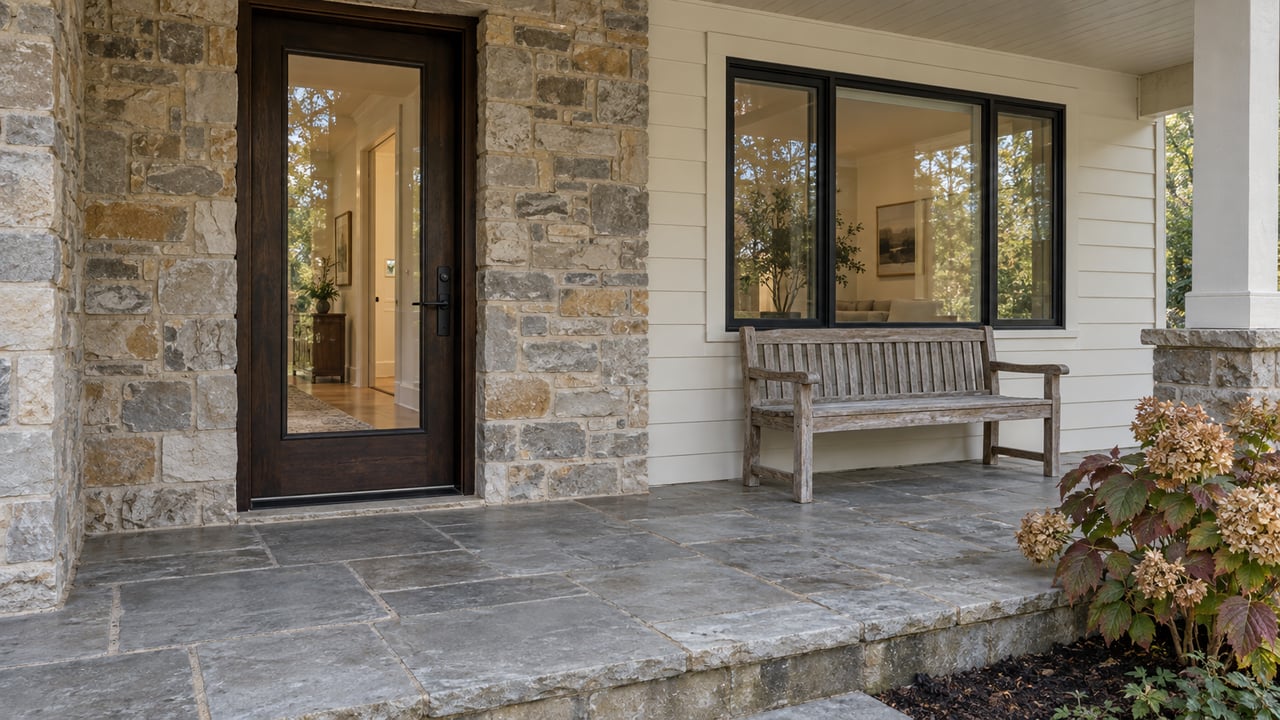 Covered porch with a glazed oak entry door, stone walls, ivory siding, an oak bench and one oakleaf hydrangea beside the raised stone floor.